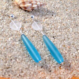 Long Sea Glass Drop Earrings Beach Statement Pierced Earrings